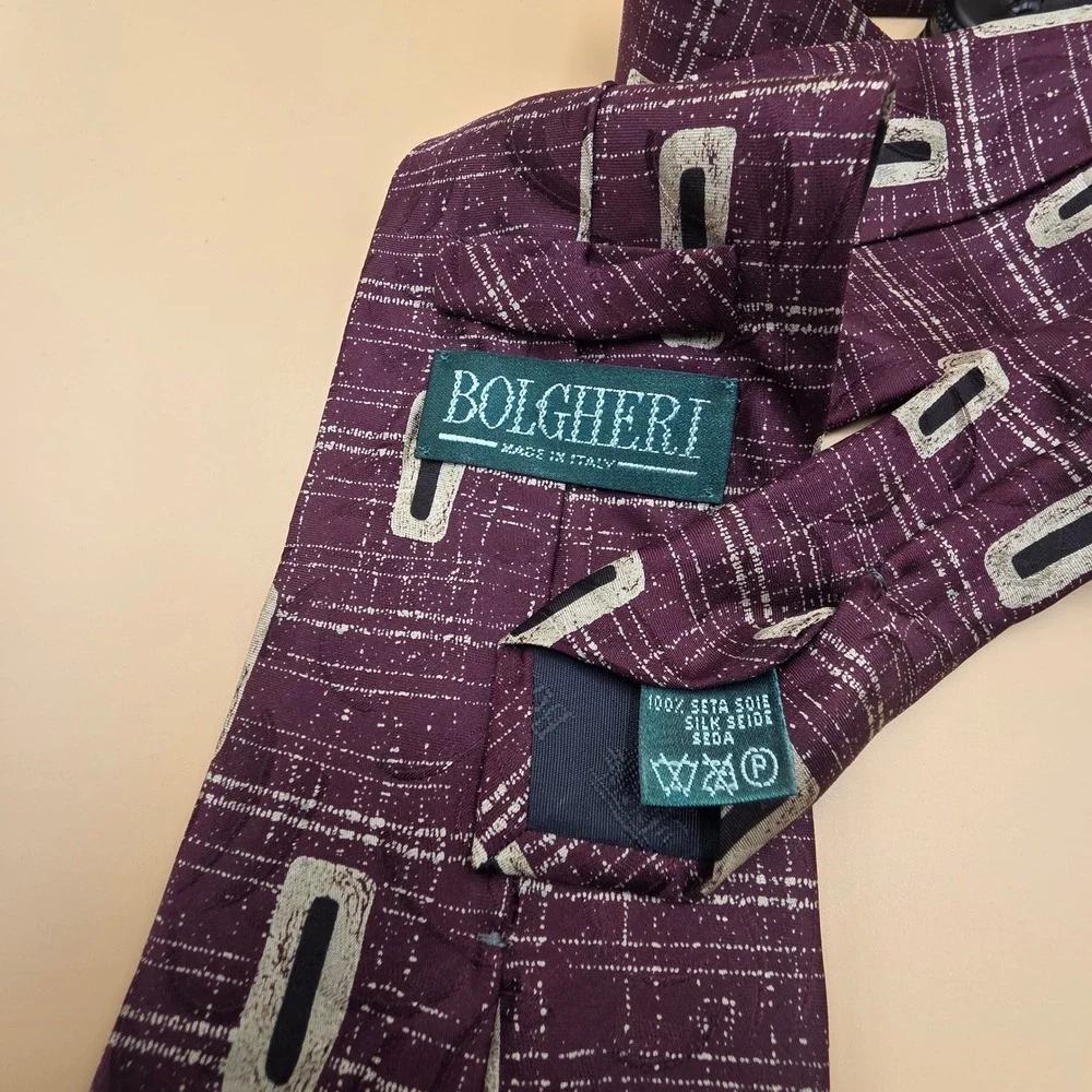 Vintage Bolgheri Italy Silk Tie Mens Purple Geometric Oval Pattern Silk Necktie